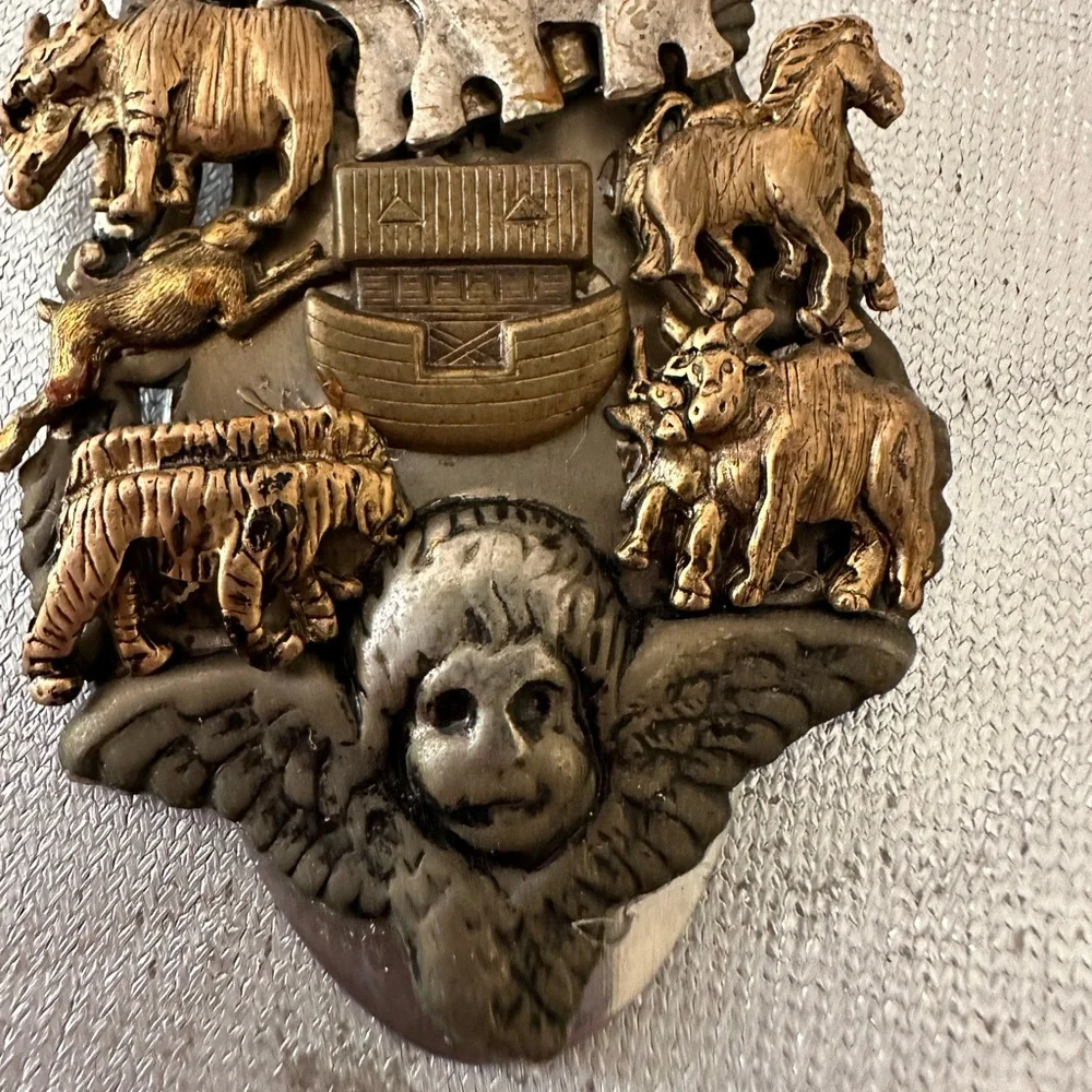Vintage Noahs Ark Spoon Art Necklace Pendant Mixed Metal Giraffe Animals,
